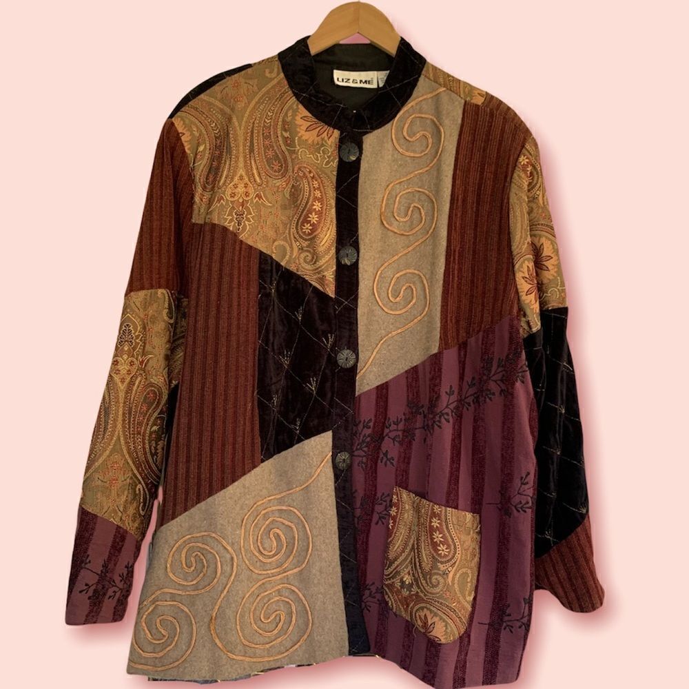 Vintage Liz & Me mixed media tapestry mandarin collar jacket